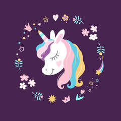 White unicorn vector head with big eye and set of flowers, crowns, stars, hearts. Magic cute girl decoration. Mane and horn on dark background. Fabric print, seamless pattern with dreaming unicorn.  © cheremuha
