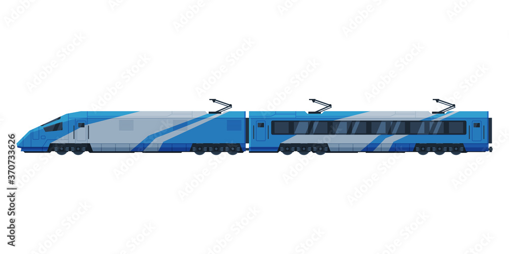 Sticker passenger train, modern railway locomotive, railroad transportation flat vector illustration on whit