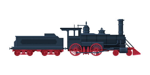 Old Train, Vintage Locomotive and Cargo Wagon, Railroad Transportation Flat Vector Illustration on White Background