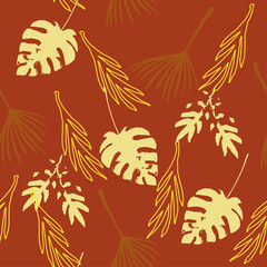 Funky Tropical Vector Seamless Pattern. Feather Monstera Dandelion Banana Leaves Tropical Seamless Pattern. 