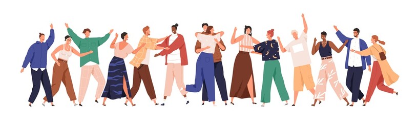 Fototapeta premium Crowd of happy diverse hugging people. Concept of friendship day, unity. Celebration or congratulation of multiracial students or friends. Hugs flat vector cartoon illustration isolated on white
