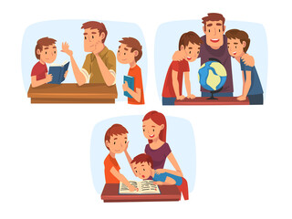 Parents Teaching their Children Set, Mom and Dad Helping their Kids with Homework and Explaining Lesson in Textbook Cartoon Vector Illustration