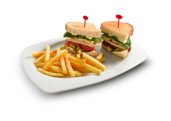 sandwich de pollo, aguacate y queso cortado por la mitad con patatas fritas. Chicken, avocado and cheese sandwich cut in half with french fries.