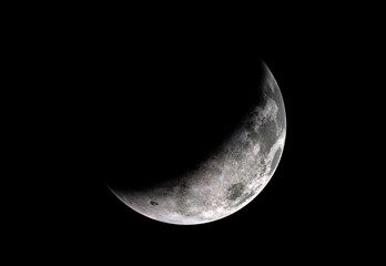 Half moon isolated on black background. High resolution moon on black. Satelite of the earth with craters.  - obrazy, fototapety, plakaty