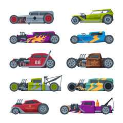 Retro Style Race Cars Collection, Old Sports Vehicles Vector Illustration on White Background