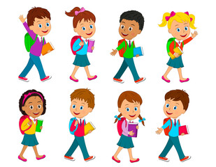 Collection, set of kids, boys and girl go to school with bag and books