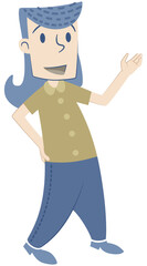 Girl waving. A girl with blue hair greets us.