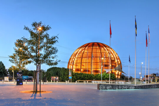 The Globe of Science and Innovation as the visitor center of CERN in Esplanade des Particules, Meyrin, near Geneva, Switzerland