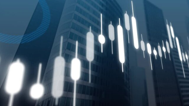 Stock exchange candlestick graph up with business building background - FHD