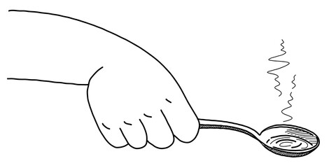 Sketch Hand holding a spoon with hot food. Doodle style vector illustration