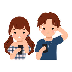 Man and woman staring at their phone with anxious expression. Receiving bad news. Flat vector clip art isolated on white background.
