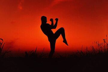 Silhouette of a male fighter engaged in training combat techniques and techniques