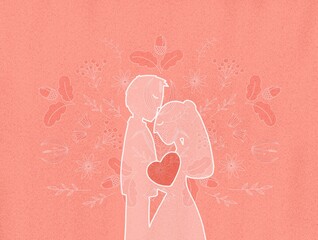 Illustration with wedding motive. Bridegroom kissing a bride on a forehead.