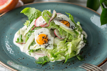 Fresh mixed salad with egg, radish and sesame seeds on green plate on the table