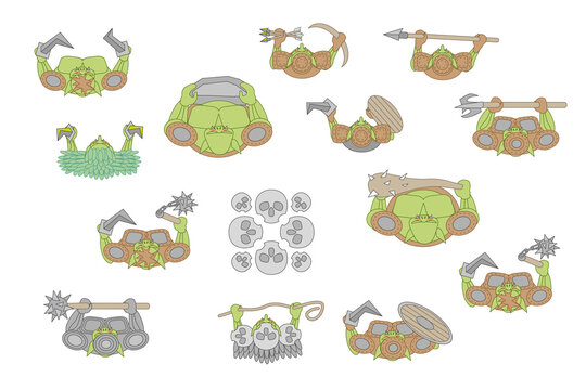 Vector set. Green-skinned monsters. Top view. Goblins, orcs, trolls with weapons. View from above.
