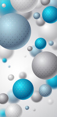 Abstract spheres vector background for phone, composition of flying balls decorated with dots smartphone wallpaper, 3D mixed realistic globes, realistic depth of field effect.