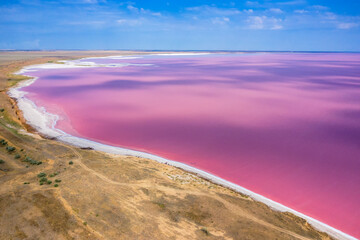 . Aerial view of pink lake and sandy beach. Ukraine