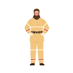 Firefighter, fireman, rescuer man in fireproof protective suit, clothes, uniform and helmet. Emergency services worker, profession. Flat vector cartoon illustration isolated on white background