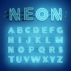 Realistic dashed neon font with shadows, glow and wires