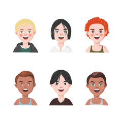 Set of Boys Avatars. Six Characters from Different Subcultures and Social Strata. Smiling Cute Boys. Diversity of Cultures. Vector Illustration.