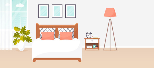 Bedroom interior design. Vector banner with copy space.