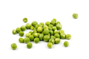 Green young peas, isolated on white background. Close-up. Top view