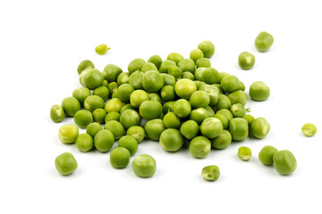 Green young peas, isolated on white background. Close-up. Top view