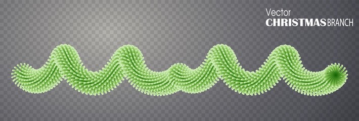 Stylized wide fir tree christmas garland. Seamless xmas ribbon border with tinsel. Curved green new year decoration. Holiday branch ornaments. Isolated winter design element. Vector stock illustration