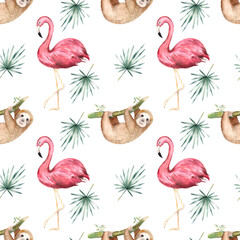 Watercolor illustration. Seamless pattern of pink flamingos, palm trees and sloth.