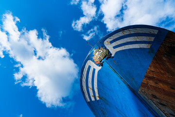 Mariñel, the last wooden fishermen boat, Hondarribia town, Txingudi bay, Jaizkibel Mountain range,...