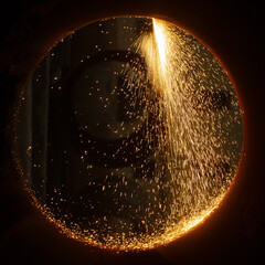Sparks of plasma cutting inside a large diameter pipe.