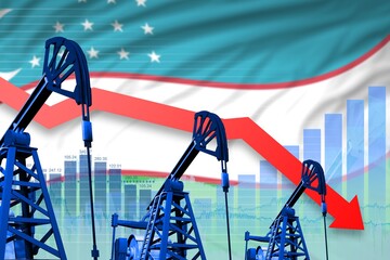 lowering, falling graph on Uzbekistan flag background - industrial illustration of Uzbekistan oil industry or market concept. 3D Illustration