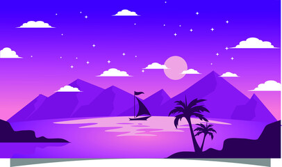 Fototapeta na wymiar purple background with boat and mountain at night