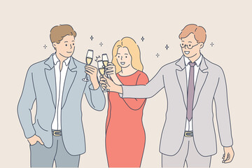 Business, team, celebration, alcohol, success concept. Young crew of happy excited businessmen and woman partners celebrating completed startup project drinking champagne. Goal achivement illustration