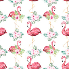 Watercolor illustration. Seamless pattern of pink flamingos with a bouquet of tropical flowers.