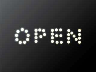 Open inscription with light bulbs on a black background. Vector stock illustration for card