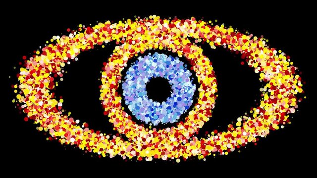 Colourful hypnotic eye.

Eye shape made by a cloud of moving particles.