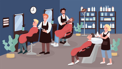 Barbershop flat color vector illustration. Barber service. Hairdressing. Men beauty salon. Caucasian hairdressers doing male haircut 2D cartoon characters with furniture on background