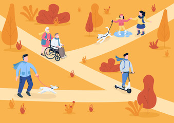 Autumn park flat color vector illustration. Fall parkland. Children and adults walking in public recreation area. Autumn outdoor activities. 2D cartoon characters with trees on background