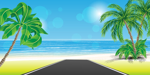 Road to tropical beach with palm trees and white sand.