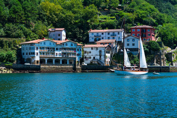 Lucretia Sailing boat, traditional wooden sloop, Pasaia Donibane town, Jaizkibel Mountain range,  Gipuzkoa province, Basque Country, Spain, Europe