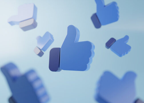 Floating Blue Thumb Up Like Icon 3D Rendering