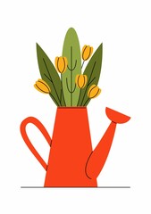 Orange watering can full of flowers. Flat vector illustration © Lelya Golf