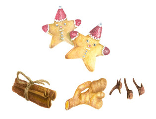 Fototapeta premium Watercolor illustration set. Isolated. Gingerbread star. Christmas menu for home, café, restaurant. Cooking. Aroma. Decoration. Spicy.