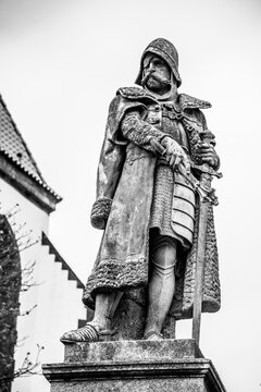 TABOR, CZECH REPUBLIC - APRIL 10, 2019: Jan Zizka of Trocnov and Chalice statue. Hussite military leader and Czech national hero. Tabor Main square, Czech Republic