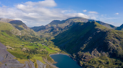 Aerial view of Dinorwic Quarry, near Llanberis, Gwynedd, Wales - with Llyn Peris, Llyn Padarn, the Dinorwig Power Station Facilities and Mount Snowdon in the background