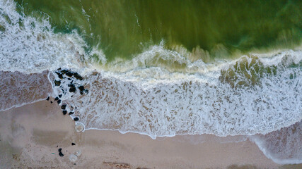 Aerial panoramic drone view of blue ocean waves and beautiful beach