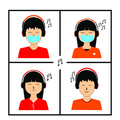 boys and girls listen to music from headphones while wearing masks, headset, tones, sing, sick