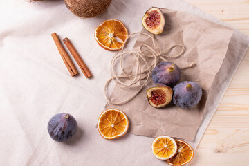 fresh ripe sweet figs on rustic background
