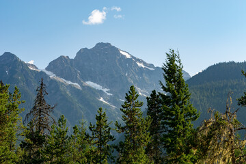 Mountain peak with trees in foreground Northern Cascades Pacific Mountain Range National Park Washington, USA